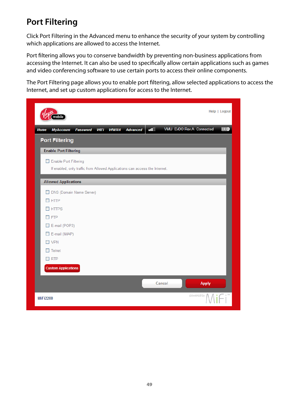 Port filtering | Virgin Mobile MIFI 2200 User Manual | Page 50 / 78