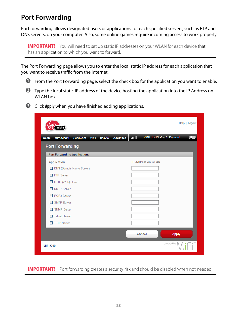 Port forwarding | Virgin Mobile MIFI 2200 User Manual | Page 53 / 78