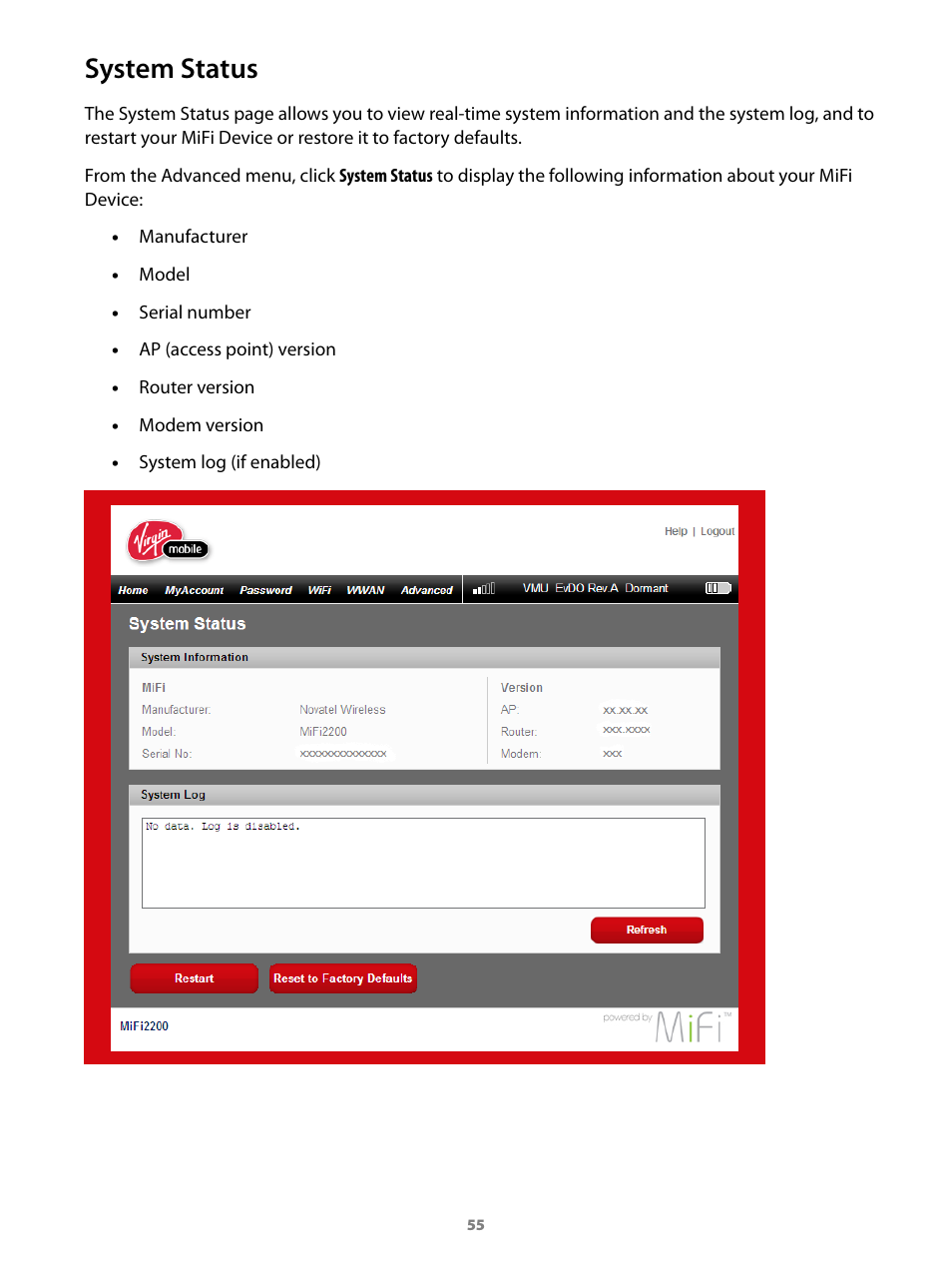 System status | Virgin Mobile MIFI 2200 User Manual | Page 56 / 78