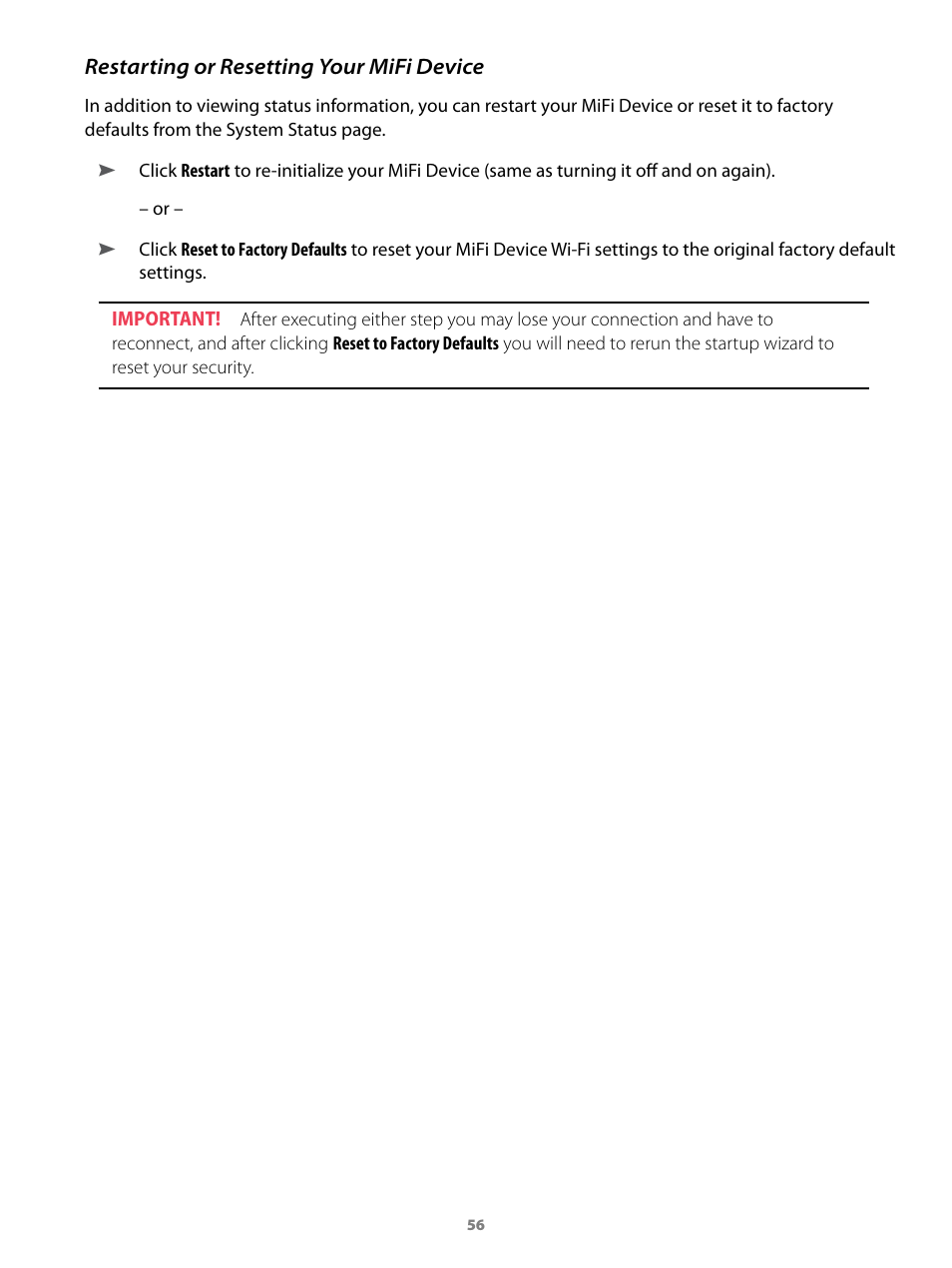 Restarting or resetting your mifi device | Virgin Mobile MIFI 2200 User Manual | Page 57 / 78