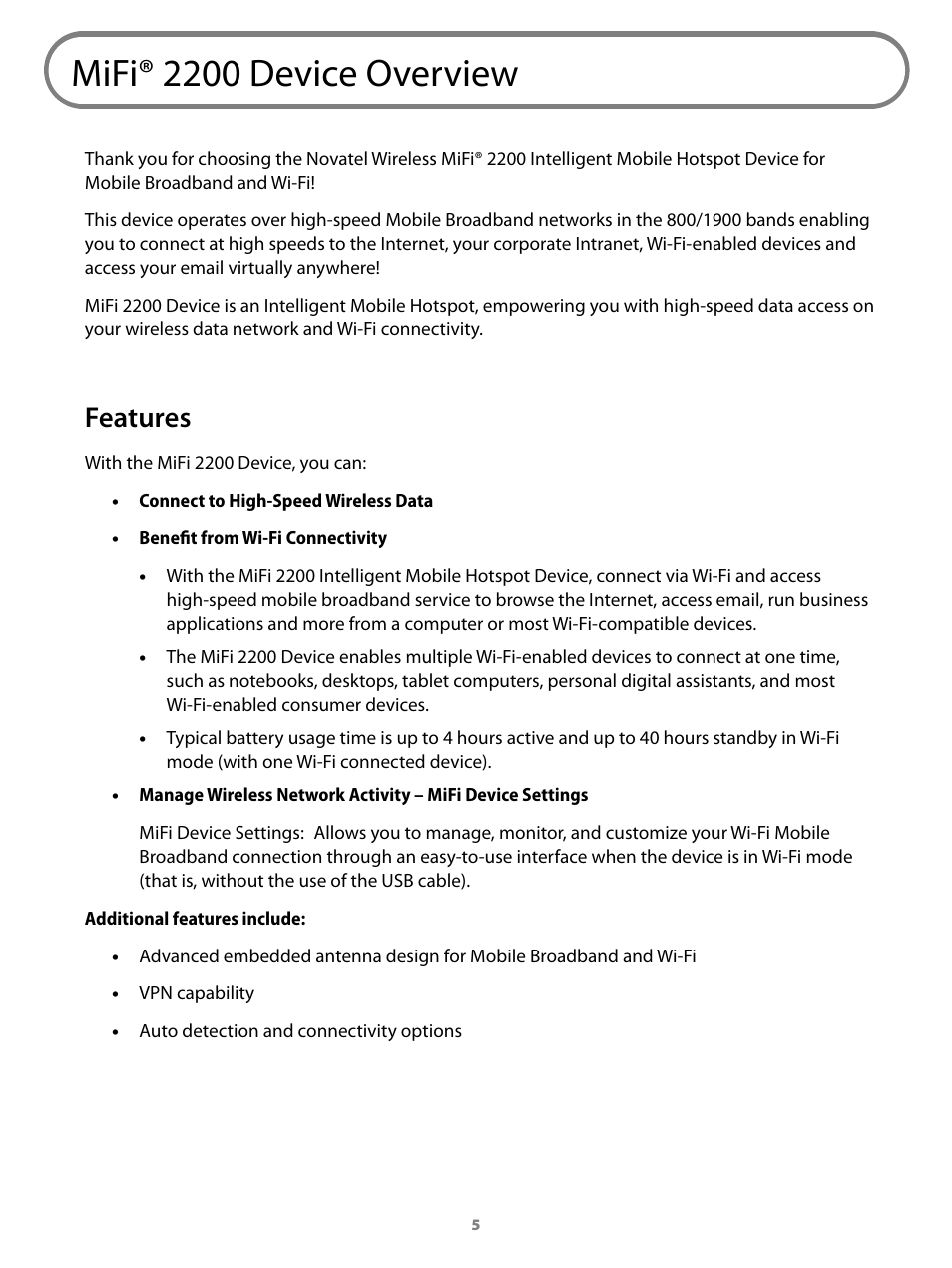 Mifi® 2200 device overview, Features | Virgin Mobile MIFI 2200 User Manual | Page 6 / 78