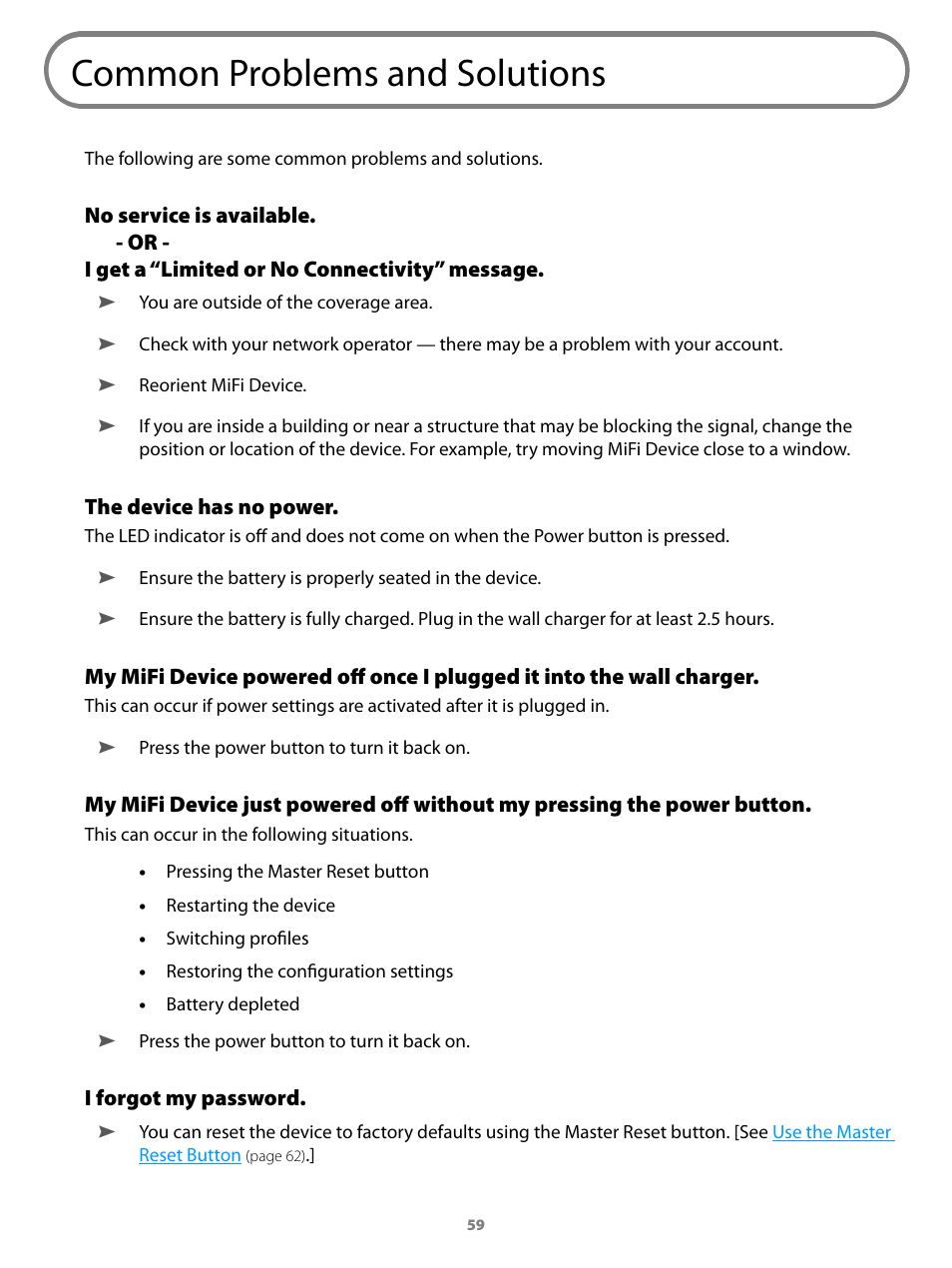 Common problems and solutions | Virgin Mobile MIFI 2200 User Manual | Page 60 / 78