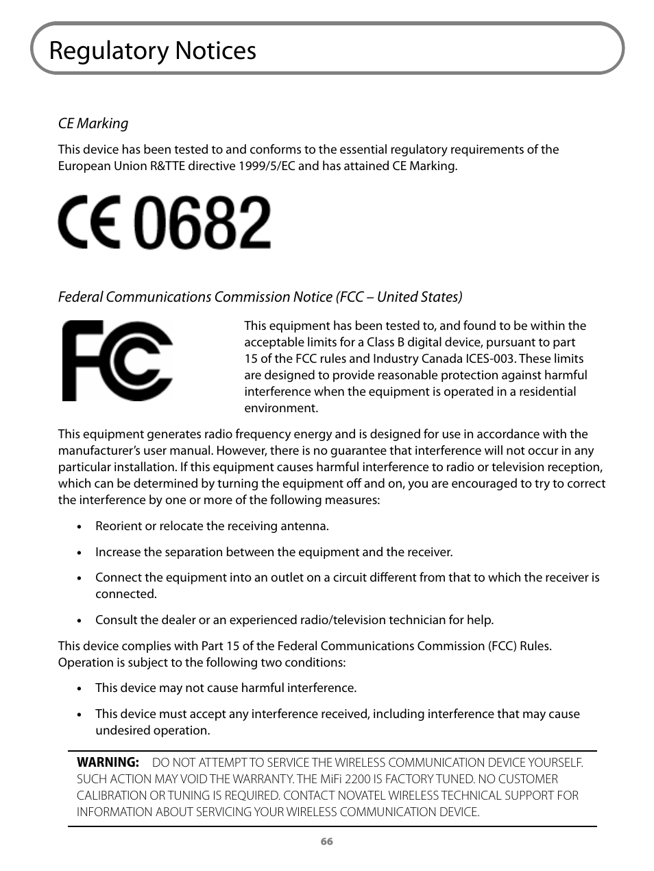 Regulatory notices | Virgin Mobile MIFI 2200 User Manual | Page 67 / 78