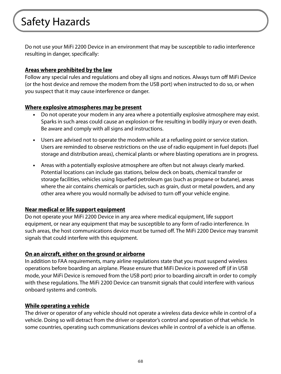 Safety hazards | Virgin Mobile MIFI 2200 User Manual | Page 69 / 78