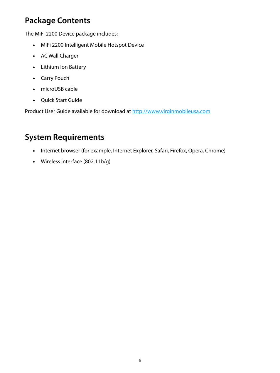 Package contents system requirements, Package contents, System requirements | Virgin Mobile MIFI 2200 User Manual | Page 7 / 78