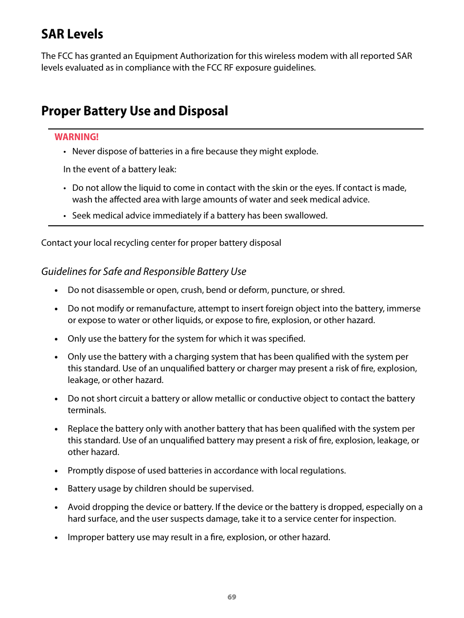 Sar levels, Proper battery use and disposal | Virgin Mobile MIFI 2200 User Manual | Page 70 / 78