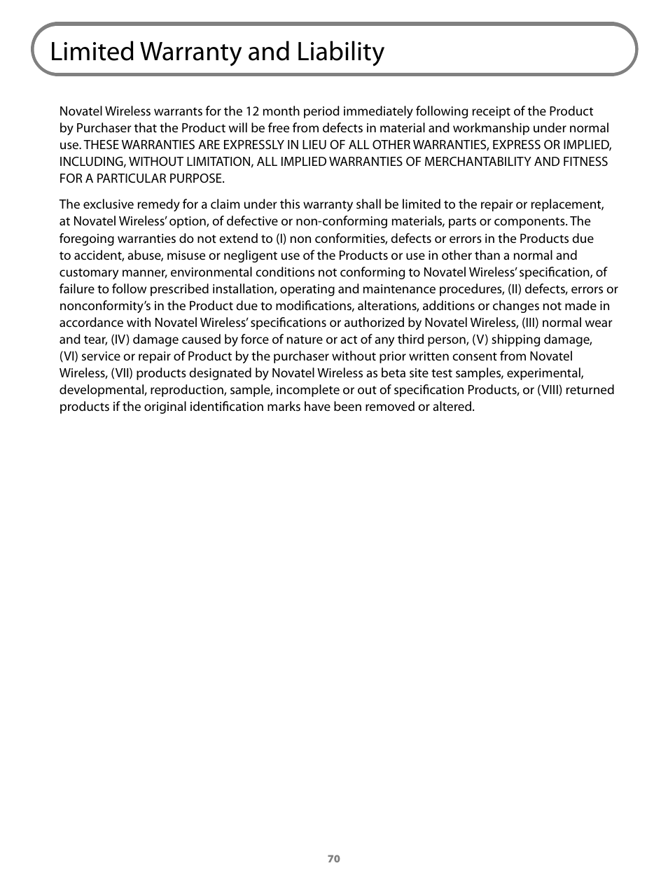Limited warranty and liability | Virgin Mobile MIFI 2200 User Manual | Page 71 / 78