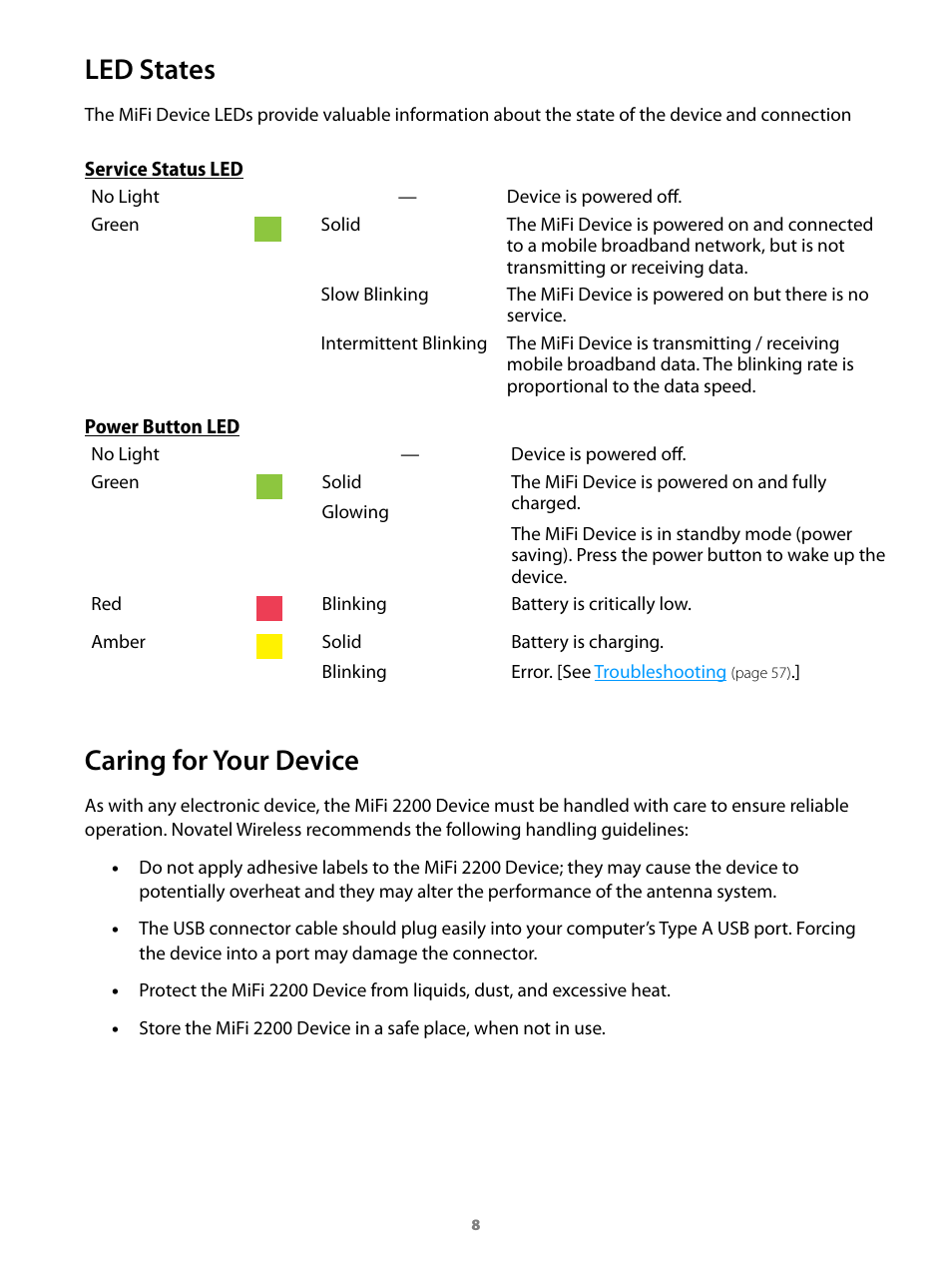 Led states caring for your device, Led states, Caring for your device | Virgin Mobile MIFI 2200 User Manual | Page 9 / 78