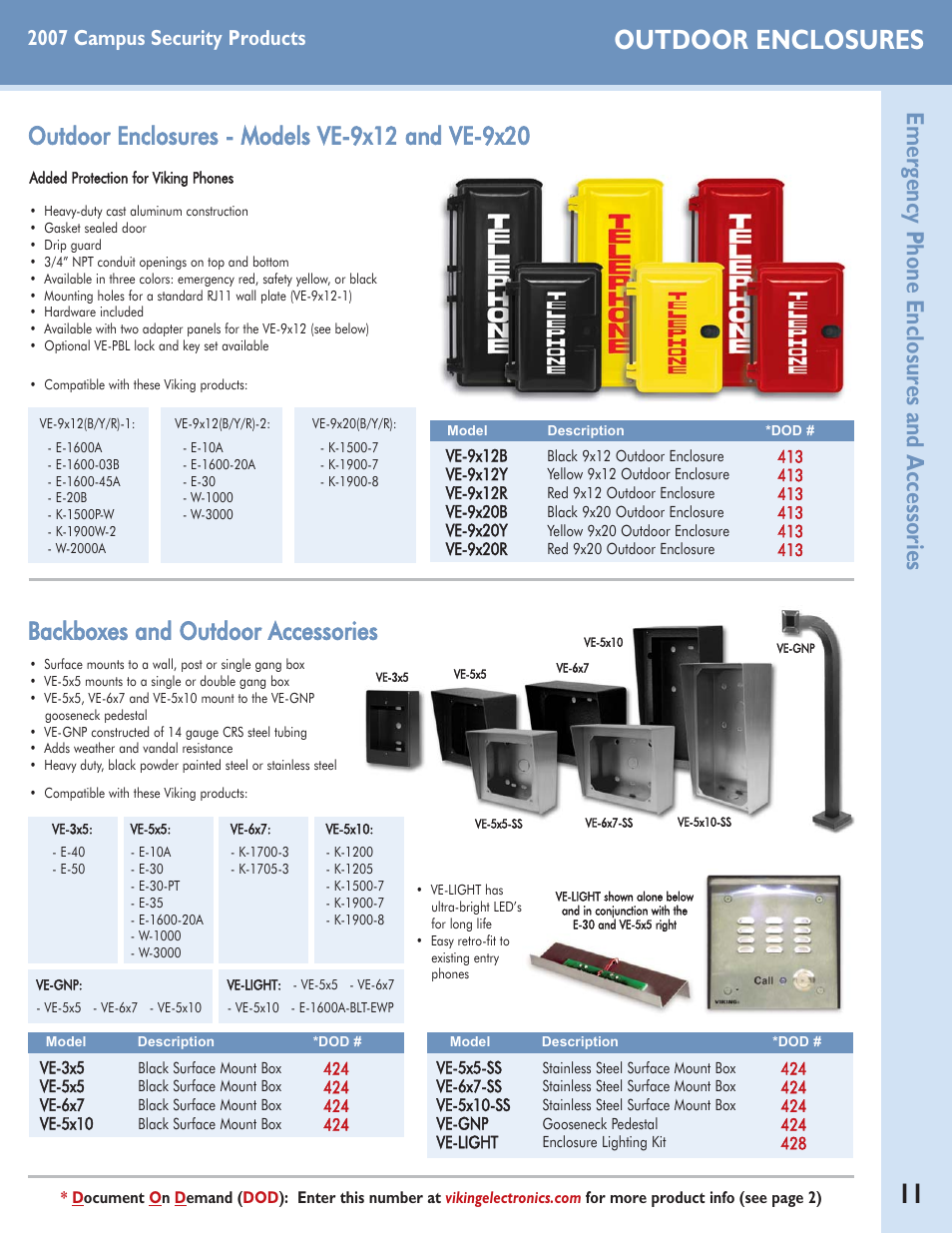 Outdoor enclosures, Emergency phone enclosures and accessories, Backboxes and outdoor accessories | 2007 campus security products | Viking Alarm Dialers User Manual | Page 11 / 12