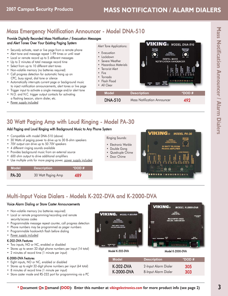 Mass notification / alarm dialers, Mass notification announcer / alarm dialers, 30 watt paging amp with loud ringing - model pa-30 | 2007 campus security products | Viking Alarm Dialers User Manual | Page 3 / 12