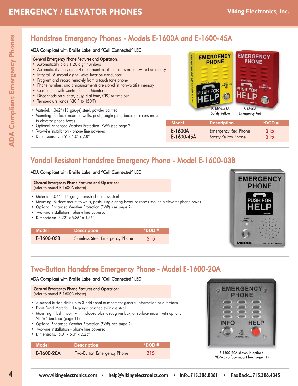 Emergency / elevator phones, Viking electronics, inc | Viking Alarm Dialers User Manual | Page 4 / 12