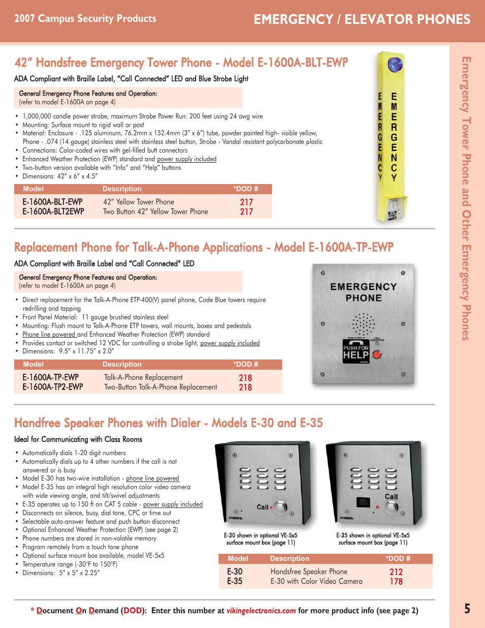 Emergency / elevator phones, Emergency tower phone and other emergency phones, 2007 campus security products | Viking Alarm Dialers User Manual | Page 5 / 12