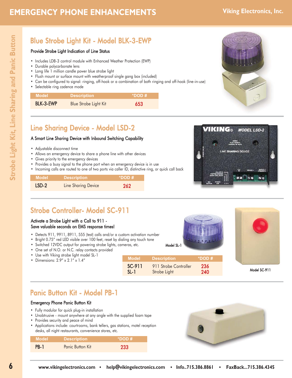 Emergency phone enhancements, Blue strobe light kit - model blk-3-ewp, Strobe light kit, line sharing and panic button | Line sharing device - model lsd-2, Strobe controller- model sc-911, Panic button kit - model pb-1 | Viking Alarm Dialers User Manual | Page 6 / 12