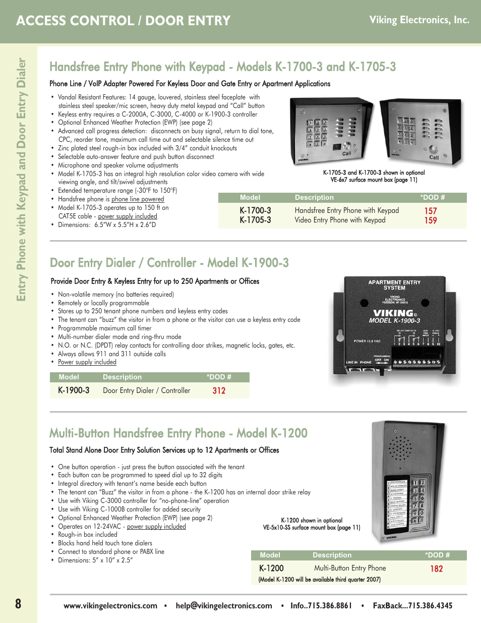 Access control / door entry, Entry phone with keypad and door entry dialer, Multi-button handsfree entry phone - model k-1200 | Viking electronics, inc | Viking Alarm Dialers User Manual | Page 8 / 12