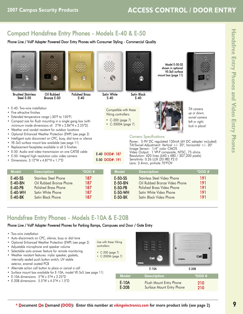 Access control / door entry, Handsfree entry phones and video entry phones, Handsfree entry phones - models e-10a & e-20b | 2007 campus security products | Viking Alarm Dialers User Manual | Page 9 / 12