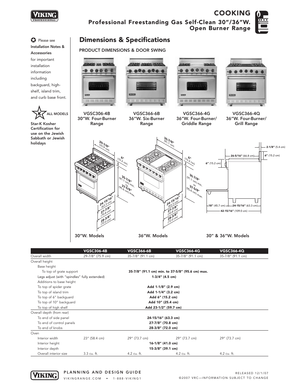 Cooking, Dimensions & specifications | Viking VGSC388-4G User Manual | Page 2 / 6