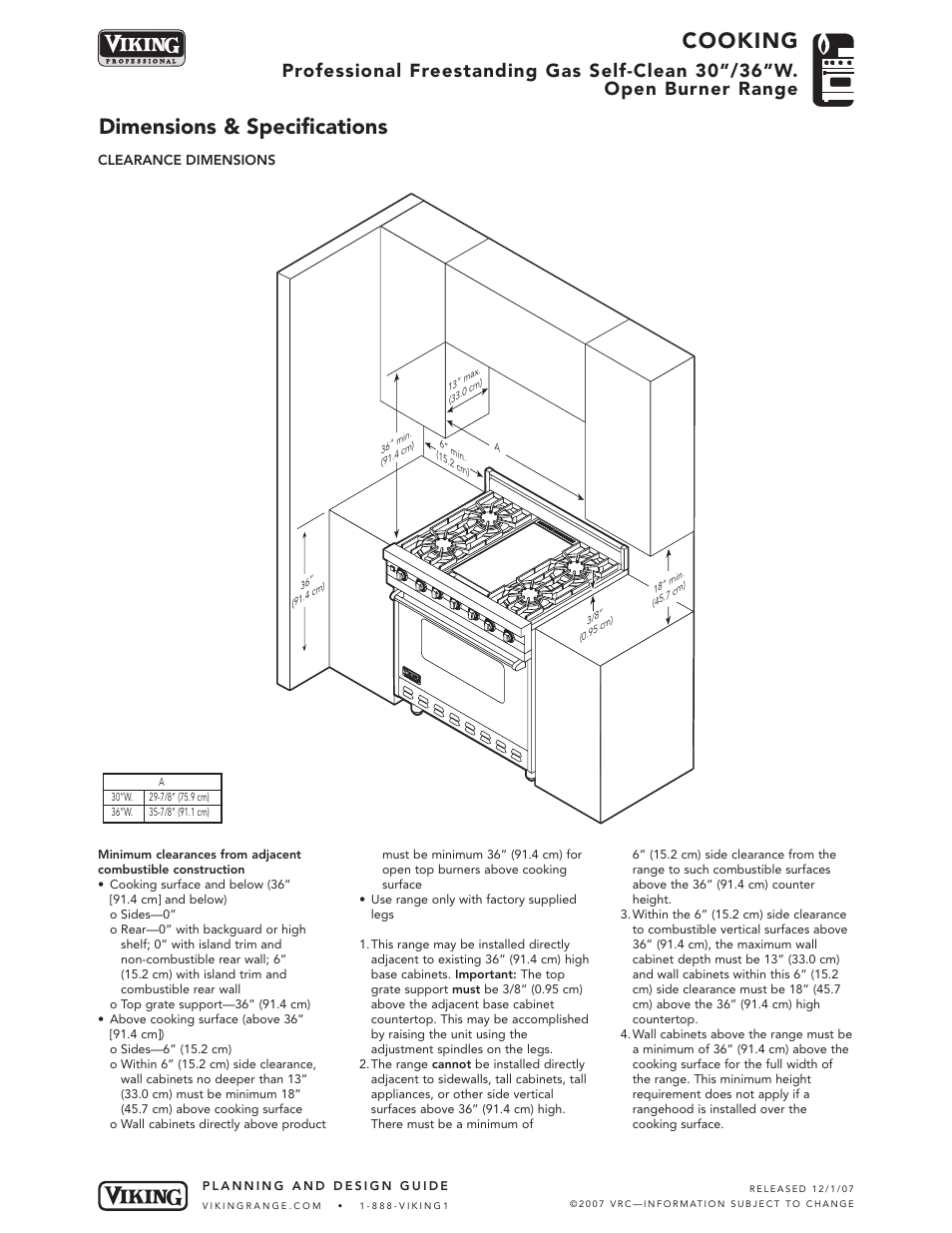 Cooking, Dimensions & specifications | Viking VGSC388-4G User Manual | Page 3 / 6