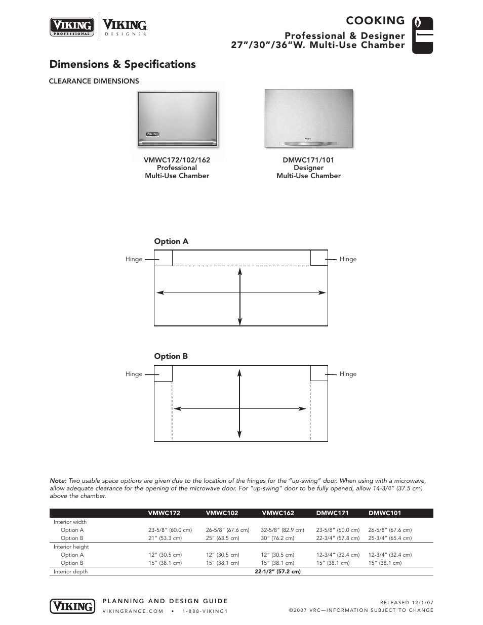 Cooking, Dimensions & specifications | Viking DMWC171 User Manual | Page 3 / 4