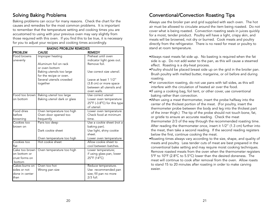 Conventional/convection roasting tips, Solving baking problems | Viking F1484D User Manual | Page 11 / 18