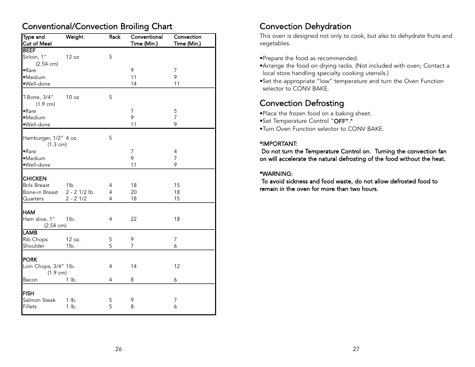 Convection dehydration, Convection defrosting, Conventional/convection broiling chart | Viking F1484D User Manual | Page 14 / 18