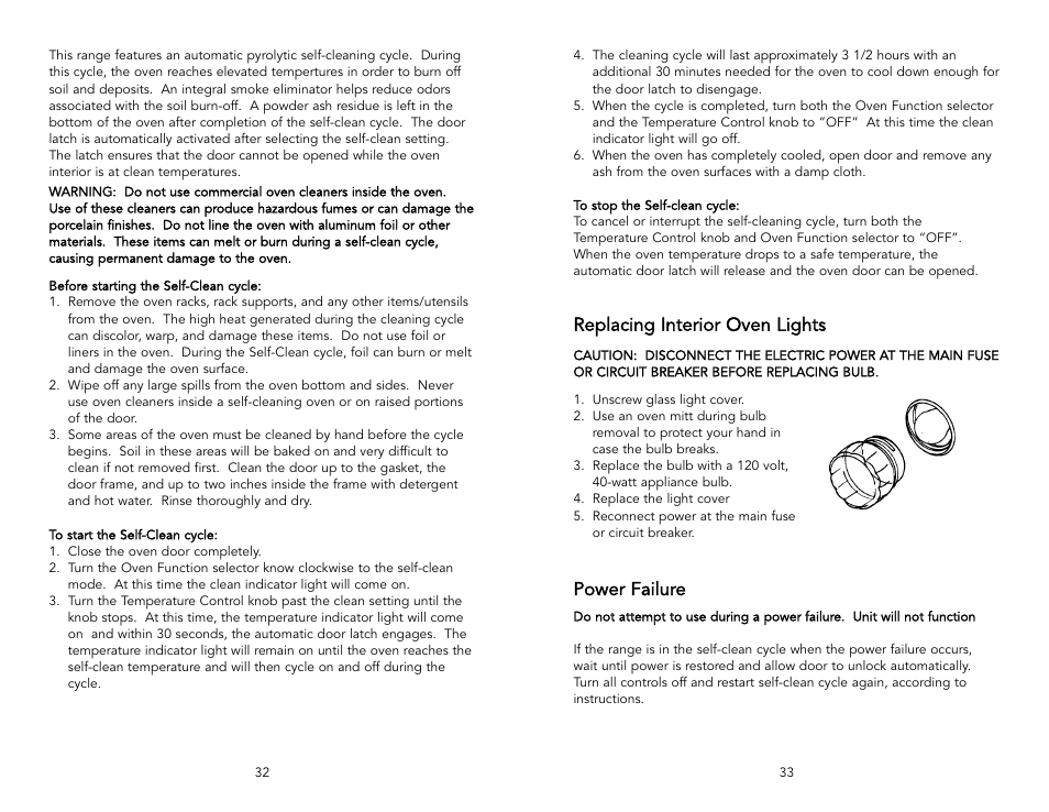 Replacing interior oven lights, Power failure | Viking F1484D User Manual | Page 17 / 18