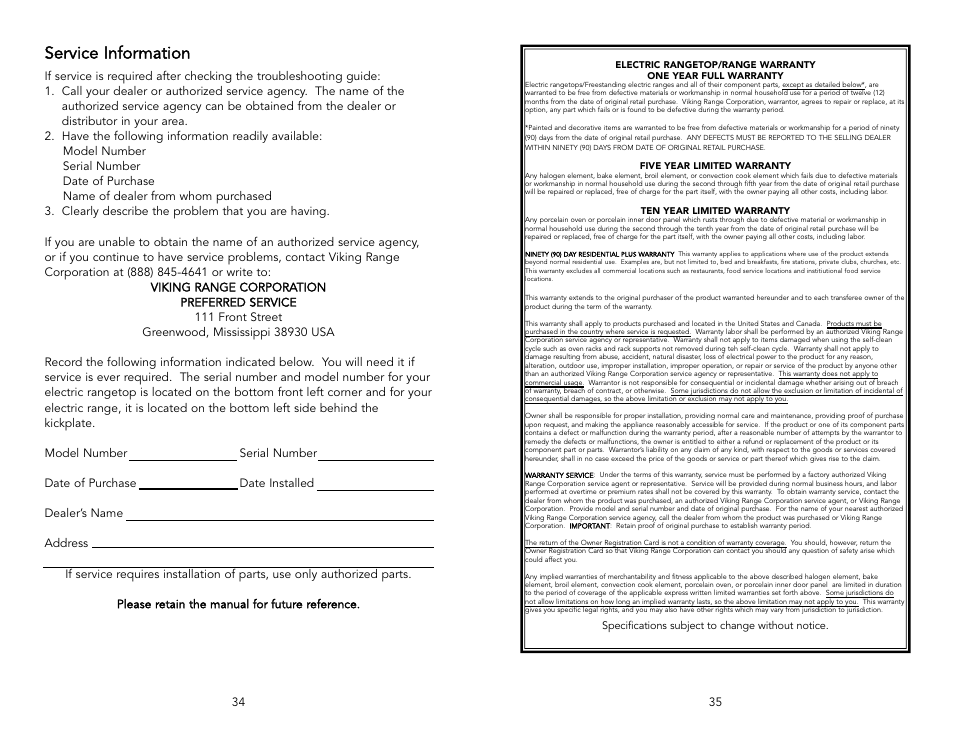 Service information | Viking F1484D User Manual | Page 18 / 18