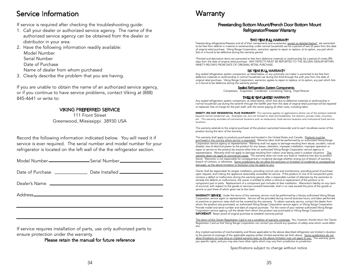 Warranty, Service information | Viking F20394 User Manual | Page 18 / 18