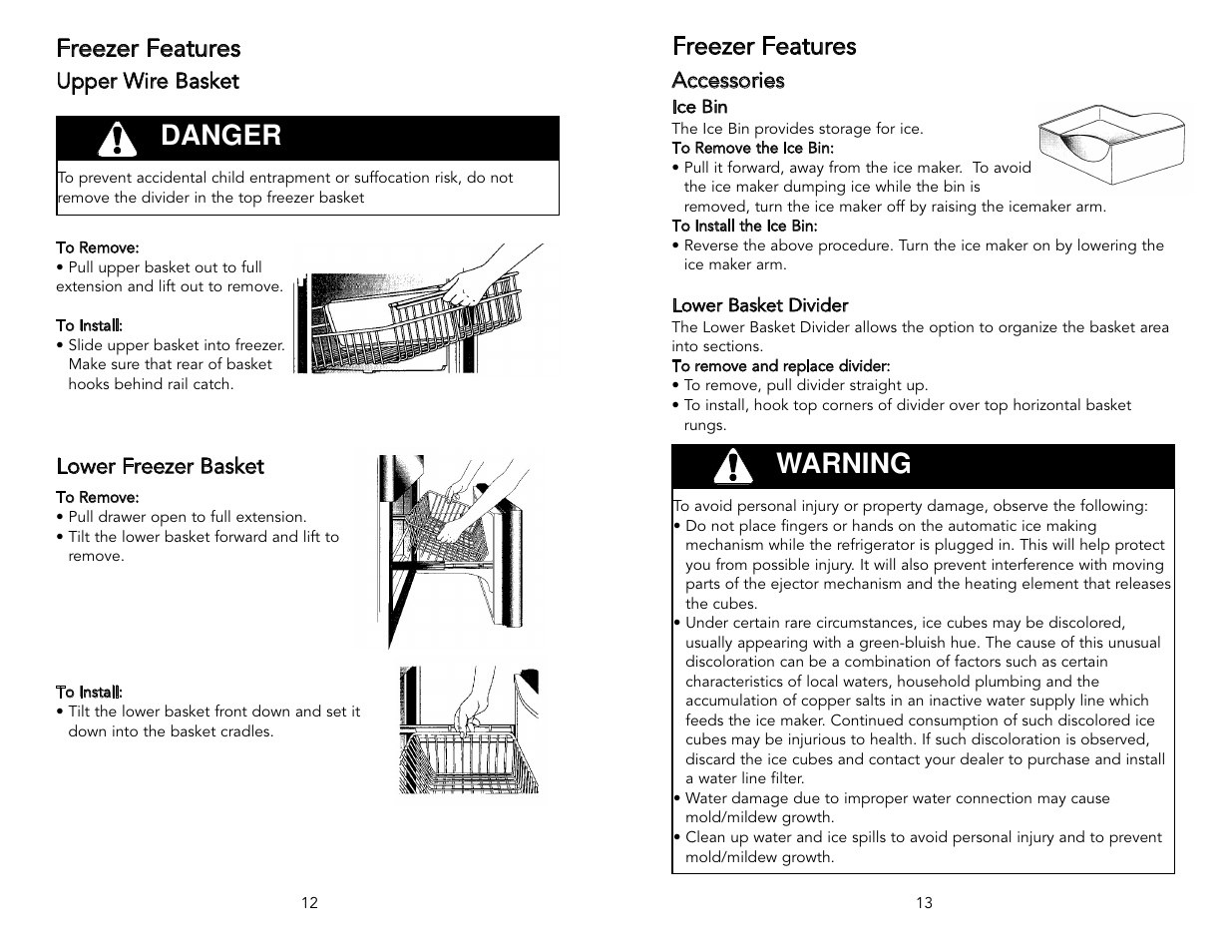 Warning, Danger, Freezer features | Viking F20394 User Manual | Page 7 / 18