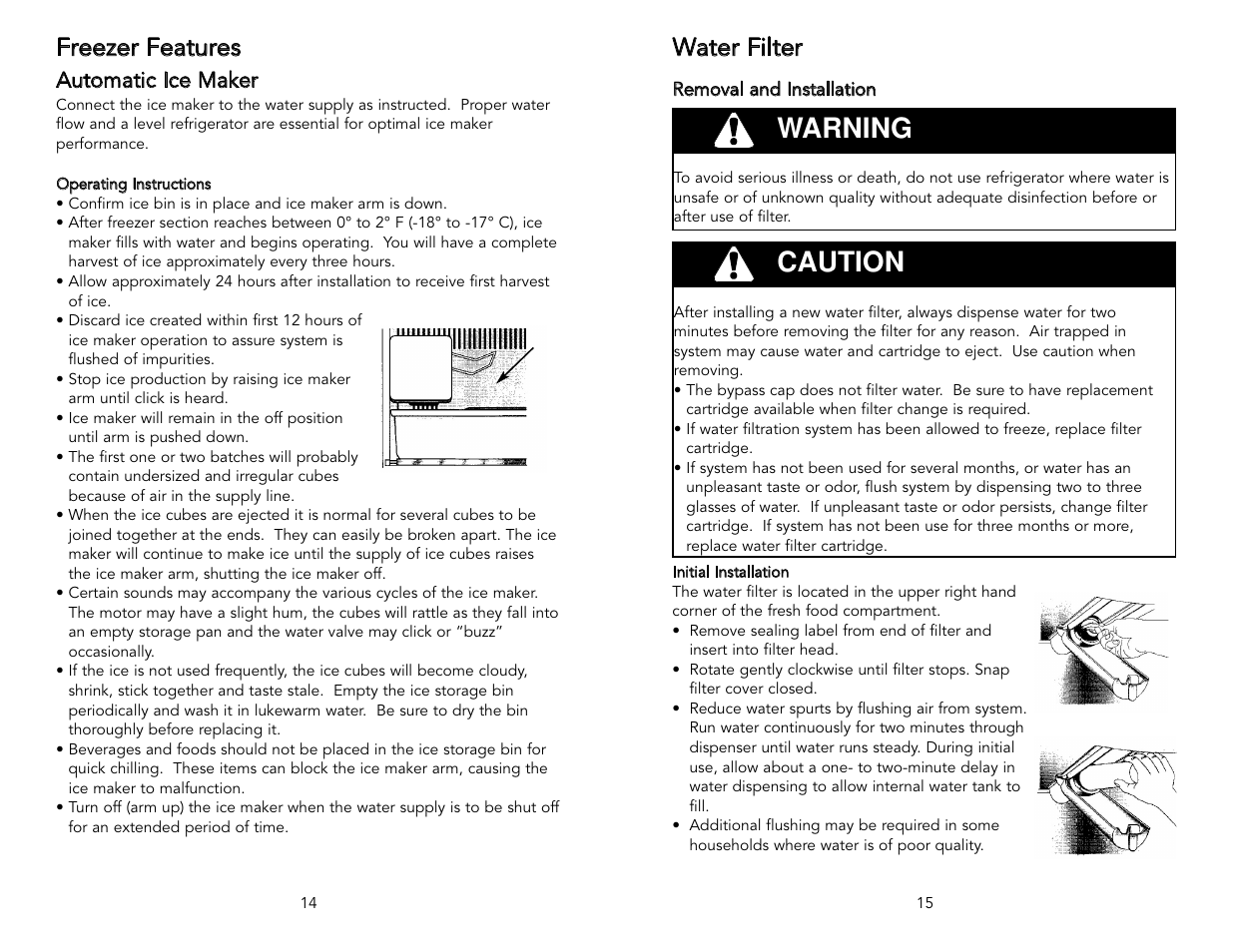Warning, Caution, Freezer features | Water filter, Automatic ice maker | Viking F20394 User Manual | Page 8 / 18