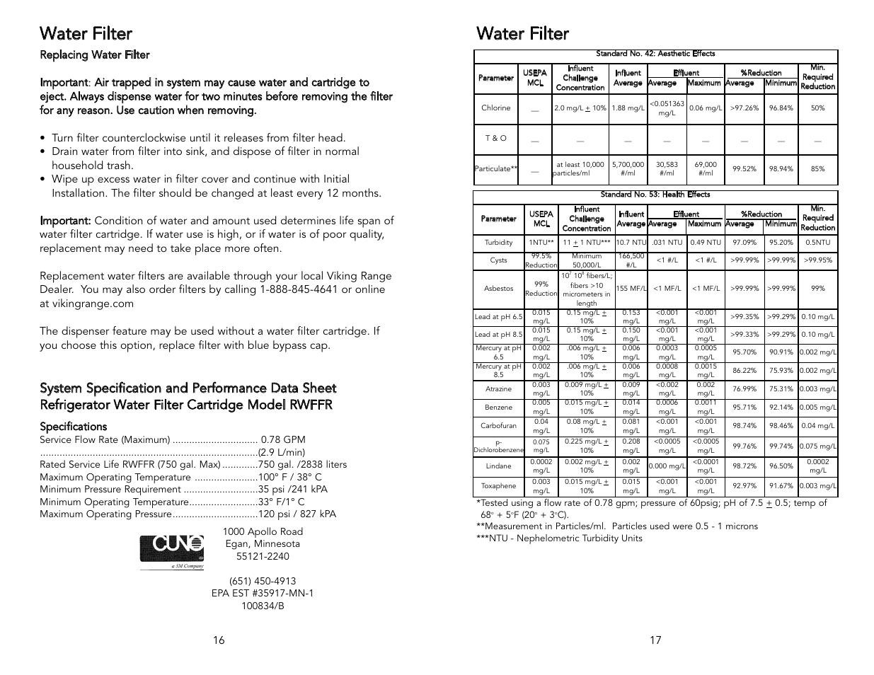 Water filter, Specifications | Viking F20394 User Manual | Page 9 / 18