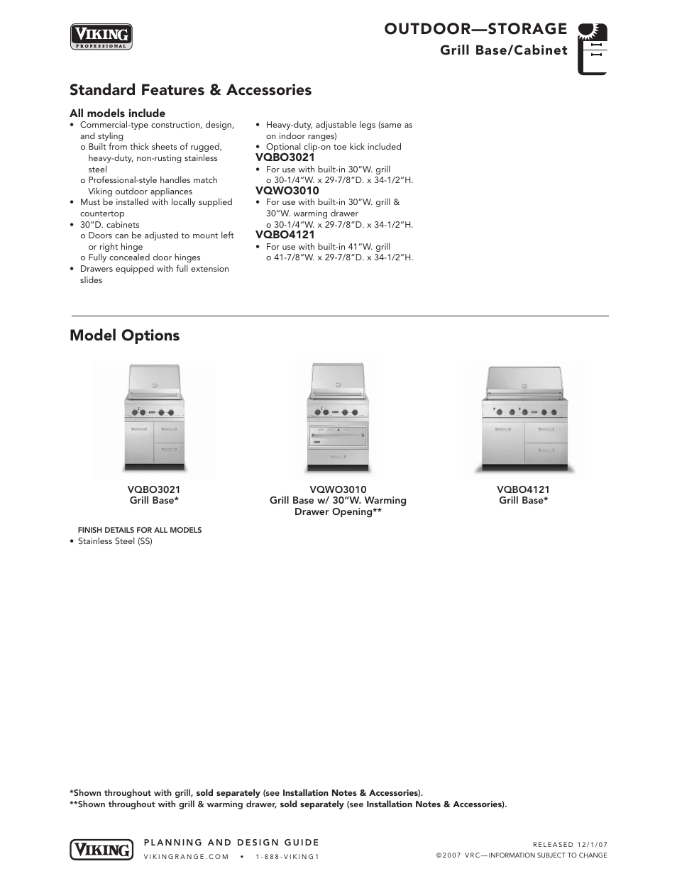 Outdoor—storage, Standard features & accessories model options, Grill base/cabinet | Viking OUTDOOR-COOKING VGBQ3002T1NSS User Manual | Page 100 / 125
