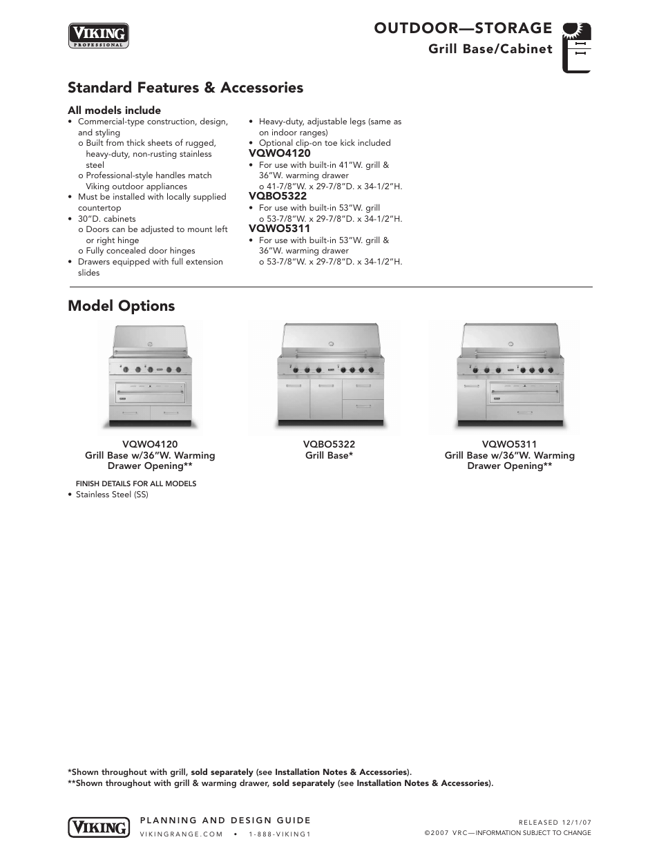 Outdoor—storage, Standard features & accessories model options, Grill base/cabinet | Viking OUTDOOR-COOKING VGBQ3002T1NSS User Manual | Page 101 / 125