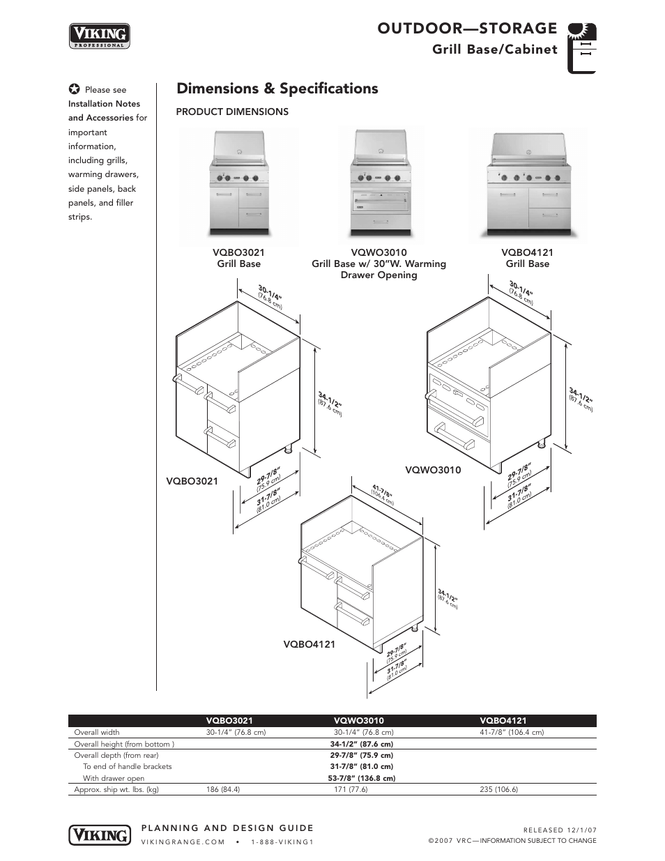 Outdoor—storage, Dimensions & specifications, Grill base/cabinet | Viking OUTDOOR-COOKING VGBQ3002T1NSS User Manual | Page 102 / 125