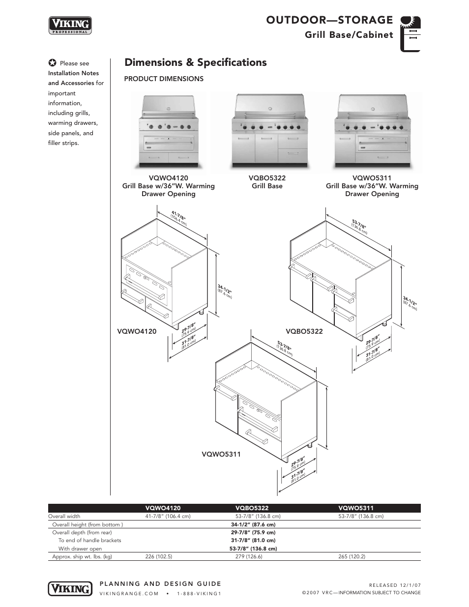 Outdoor—storage, Dimensions & specifications, Grill base/cabinet | Product dimensions | Viking OUTDOOR-COOKING VGBQ3002T1NSS User Manual | Page 103 / 125