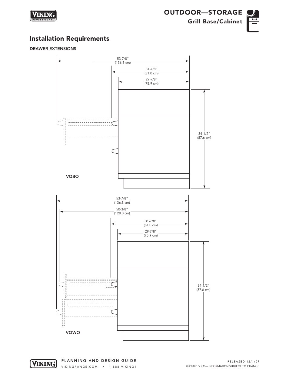 Outdoor—storage, Installation requirements, Grill base/cabinet | Viking OUTDOOR-COOKING VGBQ3002T1NSS User Manual | Page 104 / 125