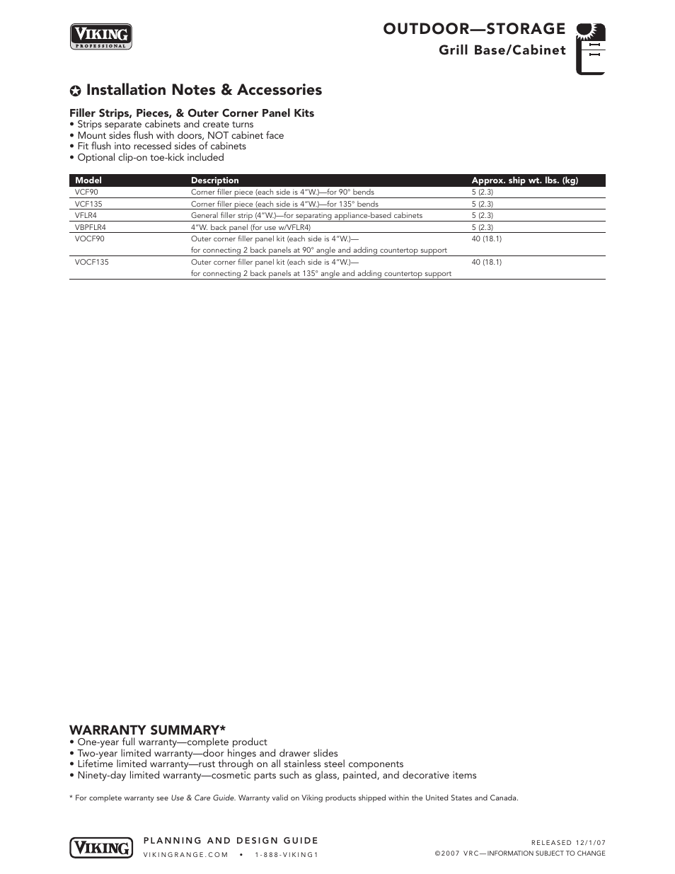 Outdoor—storage, Grill base/cabinet, Warranty summary | Viking OUTDOOR-COOKING VGBQ3002T1NSS User Manual | Page 106 / 125