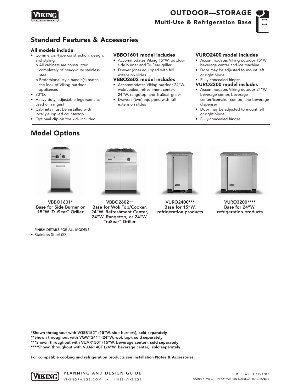 Outdoor—storage, Standard features & accessories model options, Multi-use & refrigeration base | Viking OUTDOOR-COOKING VGBQ3002T1NSS User Manual | Page 107 / 125