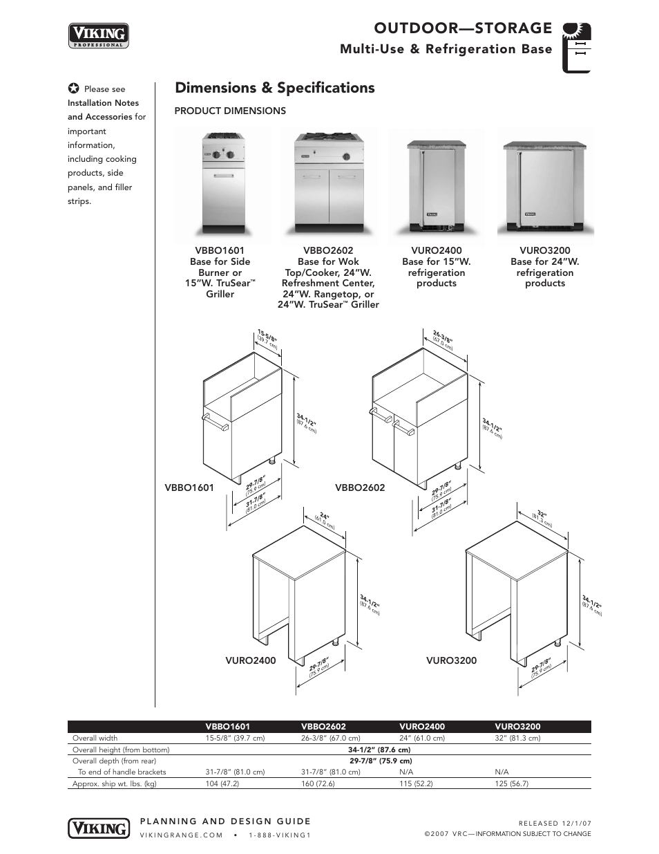 Outdoor—storage, Dimensions & specifications, Multi-use & refrigeration base | Viking OUTDOOR-COOKING VGBQ3002T1NSS User Manual | Page 108 / 125