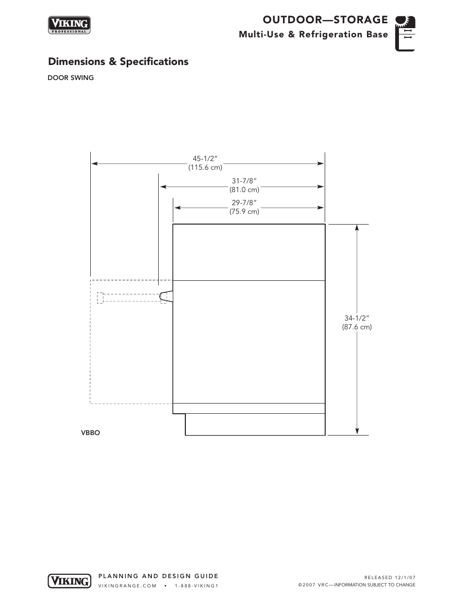 Outdoor—storage, Dimensions & specifications, Multi-use & refrigeration base | Viking OUTDOOR-COOKING VGBQ3002T1NSS User Manual | Page 109 / 125