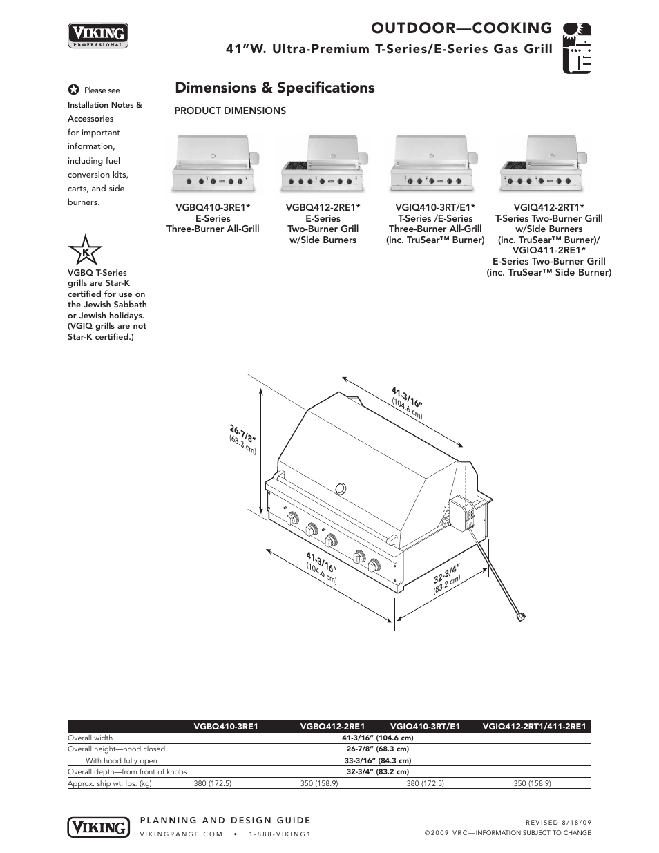 Outdoor—cooking, Dimensions & specifications, 41”w. ultra-premium t-series/e-series gas grill | Viking OUTDOOR-COOKING VGBQ3002T1NSS User Manual | Page 11 / 125