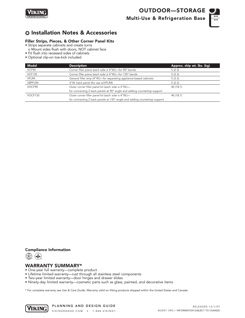 Outdoor—storage, Multi-use & refrigeration base, Warranty summary | Viking OUTDOOR-COOKING VGBQ3002T1NSS User Manual | Page 111 / 125