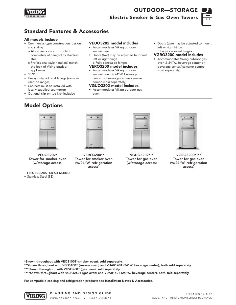 Outdoor—storage, Standard features & accessories model options, Electric smoker & gas oven towers | Viking OUTDOOR-COOKING VGBQ3002T1NSS User Manual | Page 112 / 125