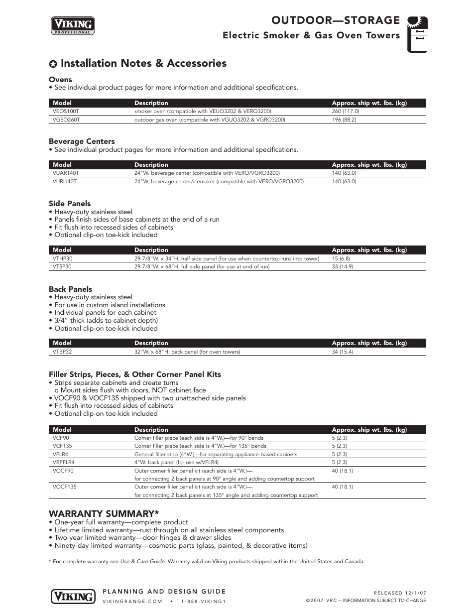 Outdoor—storage, Electric smoker & gas oven towers, Warranty summary | Viking OUTDOOR-COOKING VGBQ3002T1NSS User Manual | Page 115 / 125