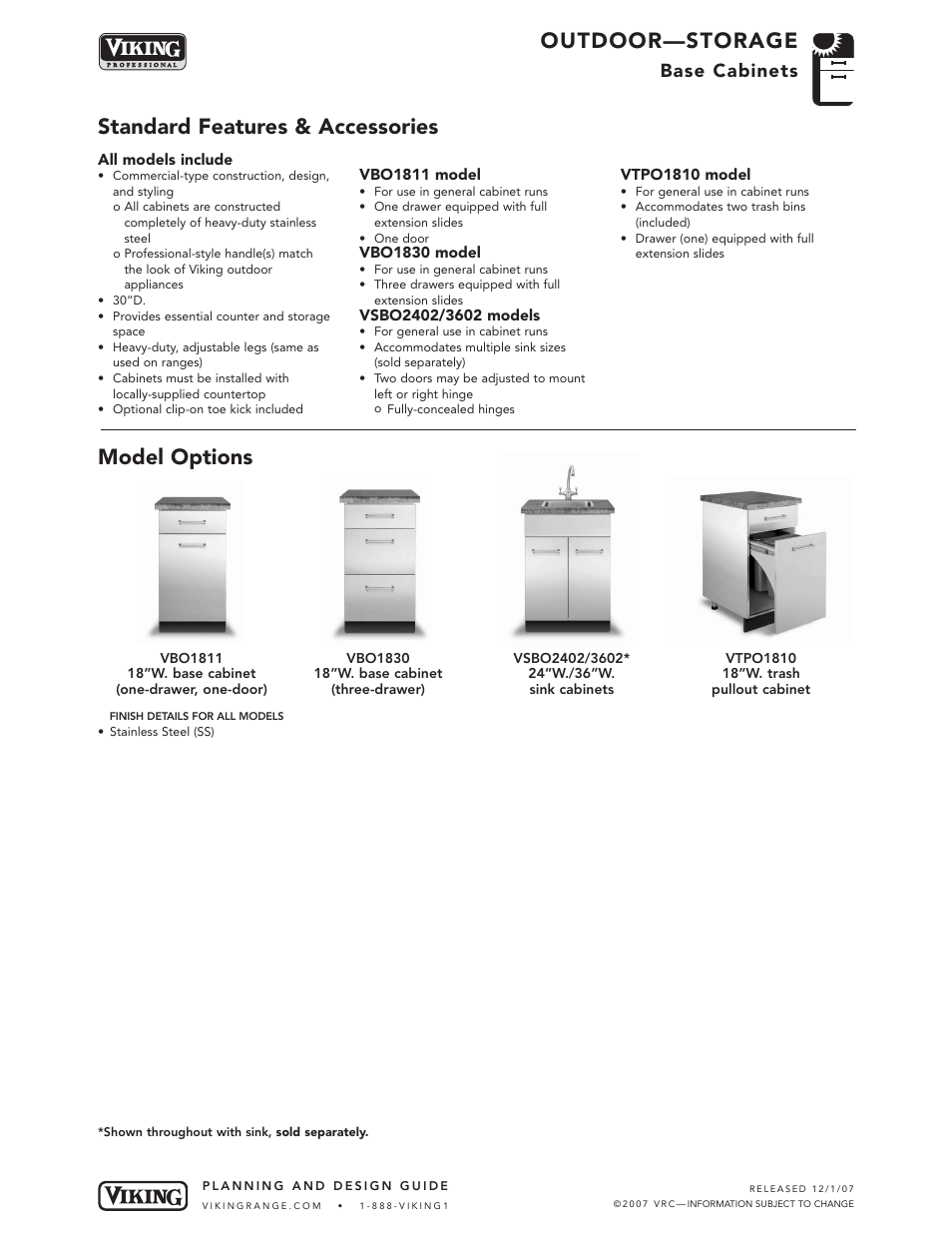 Outdoor—storage, Standard features & accessories model options, Base cabinets | Viking OUTDOOR-COOKING VGBQ3002T1NSS User Manual | Page 116 / 125