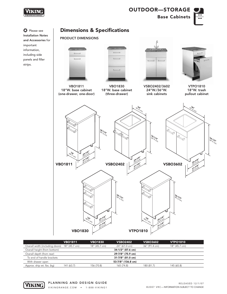 Outdoor—storage, Dimensions & specifications, Base cabinets | Product dimensions | Viking OUTDOOR-COOKING VGBQ3002T1NSS User Manual | Page 117 / 125