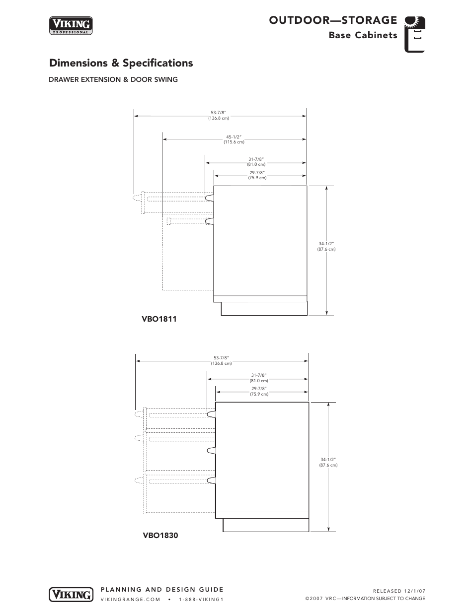 Outdoor—storage, Dimensions & specifications, Base cabinets | Drawer extension & door swing | Viking OUTDOOR-COOKING VGBQ3002T1NSS User Manual | Page 118 / 125