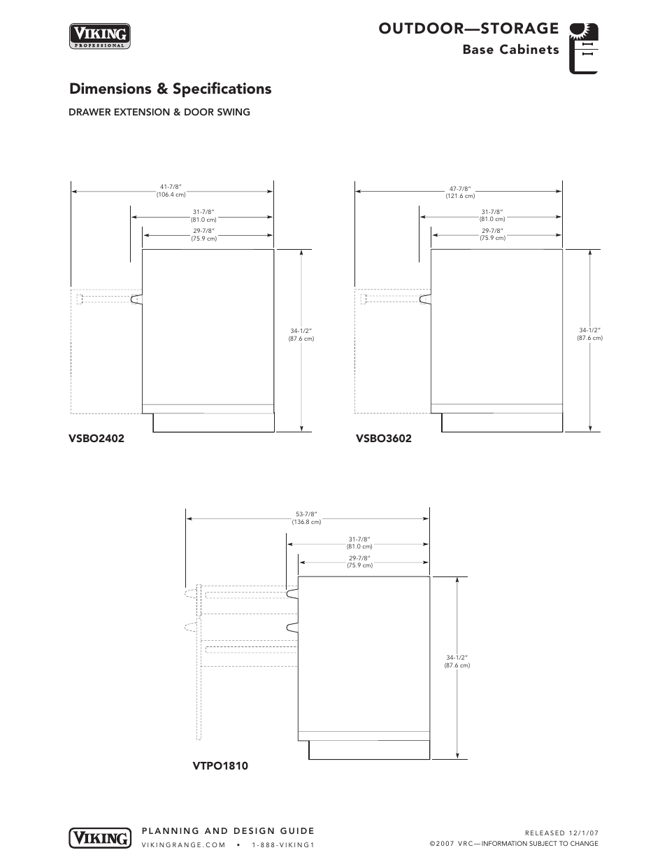 Outdoor—storage, Dimensions & specifications, Base cabinets | Vsbo3602, Drawer extension & door swing | Viking OUTDOOR-COOKING VGBQ3002T1NSS User Manual | Page 119 / 125