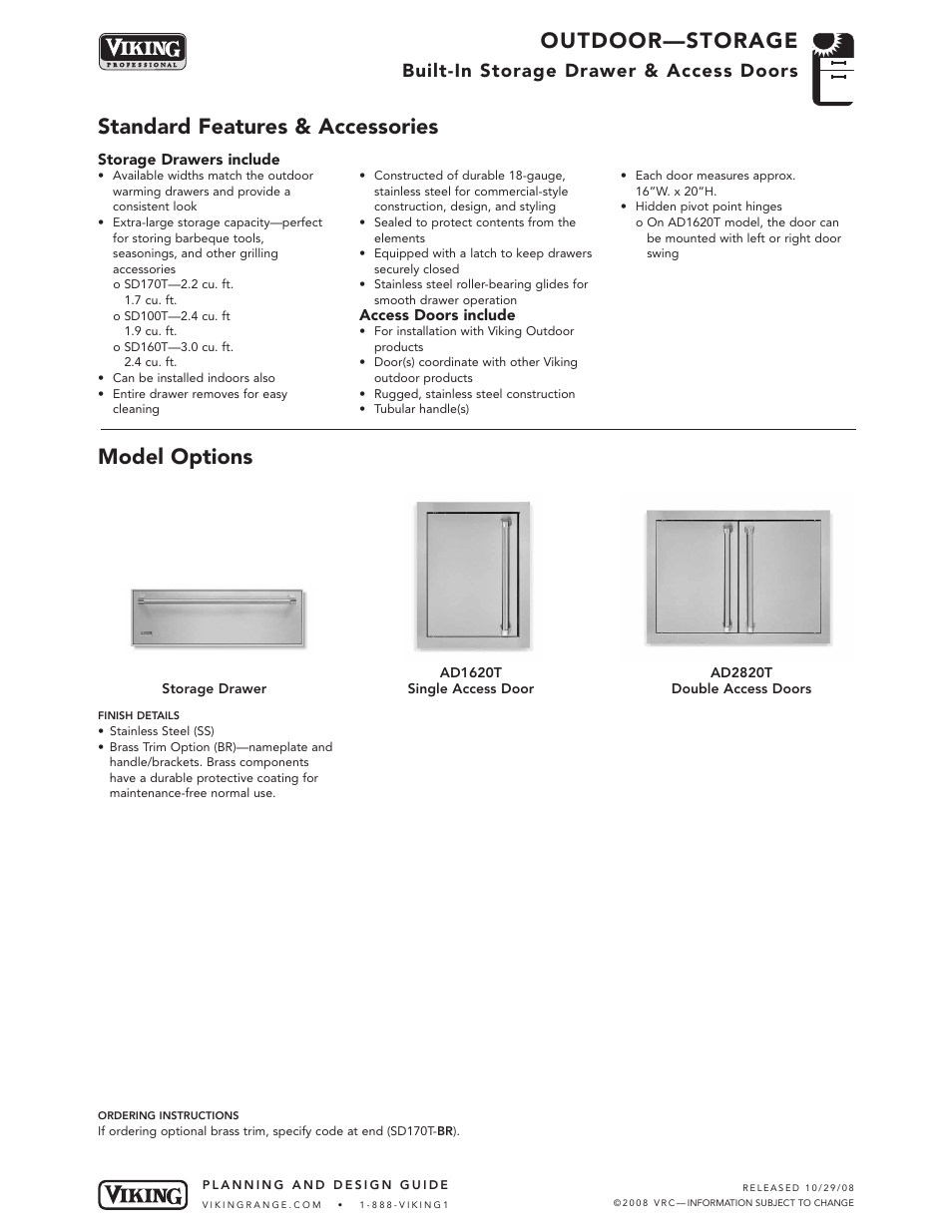 Outdoor—storage, Standard features & accessories model options, Built-in storage drawer & access doors | Viking OUTDOOR-COOKING VGBQ3002T1NSS User Manual | Page 121 / 125
