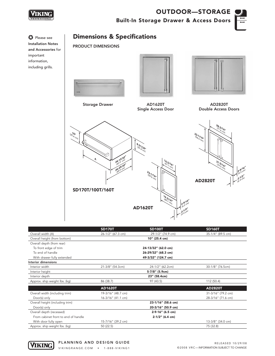Outdoor—storage, Dimensions & specifications, Built-in storage drawer & access doors | Storage drawer ad2820t double access doors, Product dimensions, Ad1620t single access door | Viking OUTDOOR-COOKING VGBQ3002T1NSS User Manual | Page 122 / 125