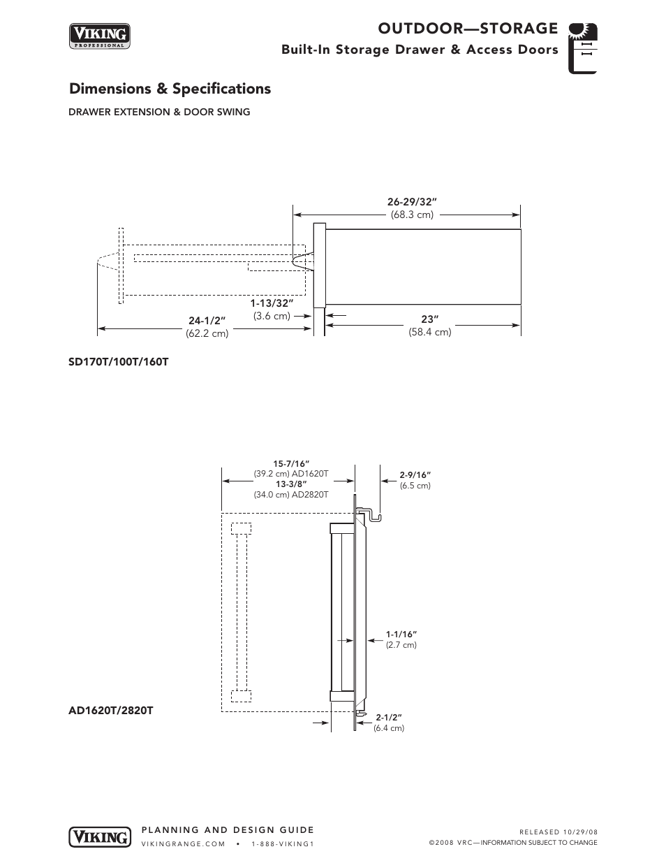 Outdoor—storage, Dimensions & specifications, Built-in storage drawer & access doors | Viking OUTDOOR-COOKING VGBQ3002T1NSS User Manual | Page 123 / 125